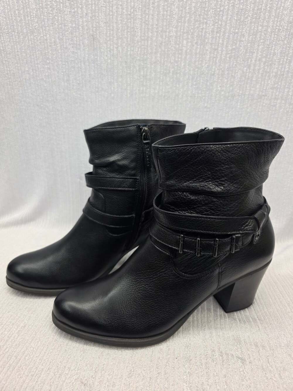 Tamaris Black Leather Ankle Boots with Straps and Block Heel
